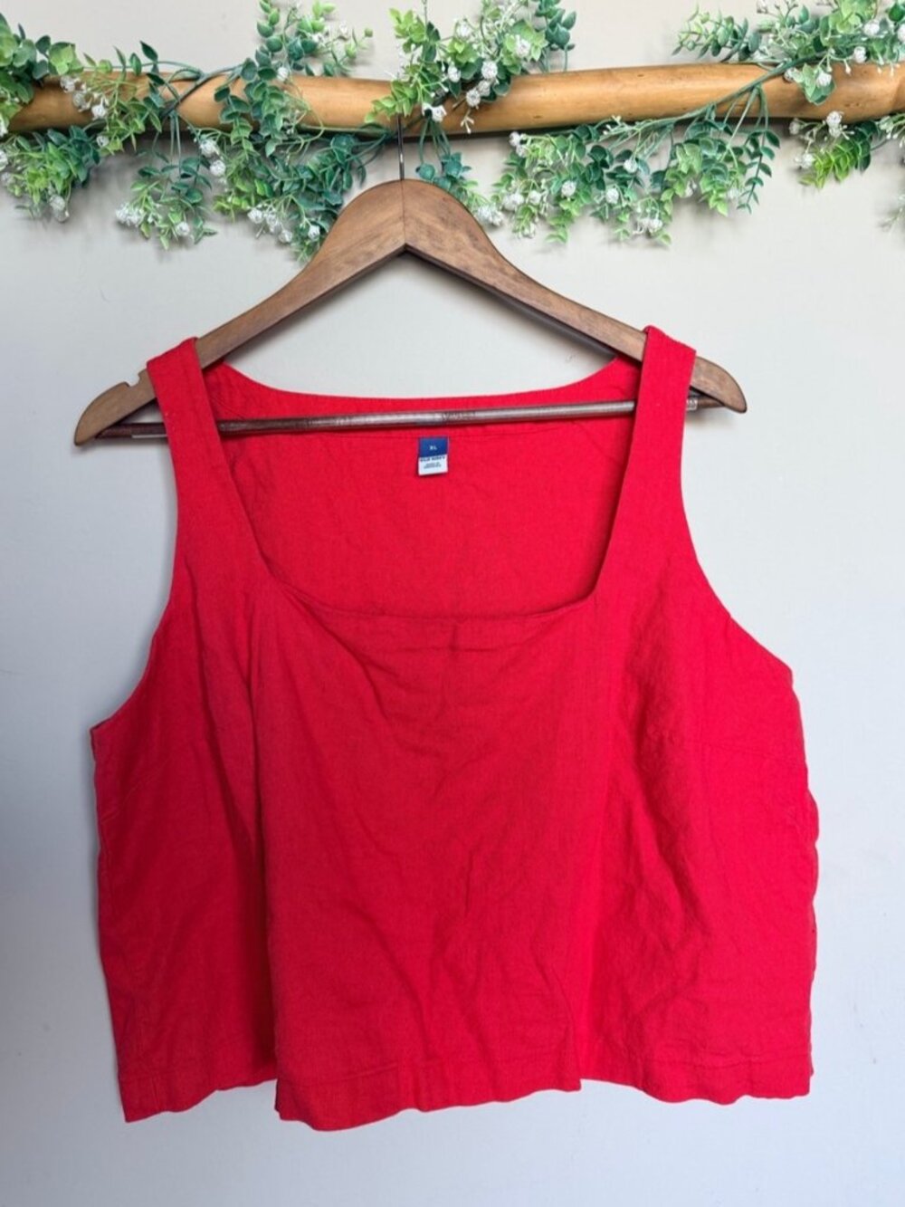 Bright Red Square-Neck Cropped Linen blend Tank